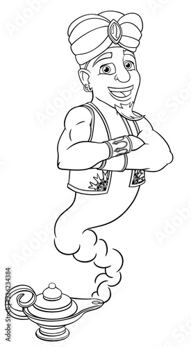 Genie cartoon character coming out of a magic lamp like in the story or pantomime of Aladdin 