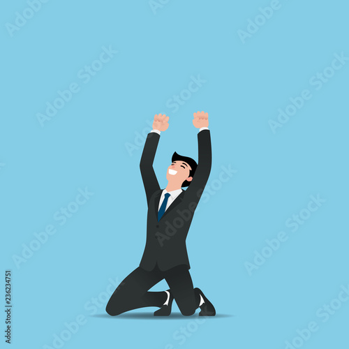 Business man executives celebrate his successful, raising hands with clenched fists up over heads while kneeing. Vector illustration flat design.