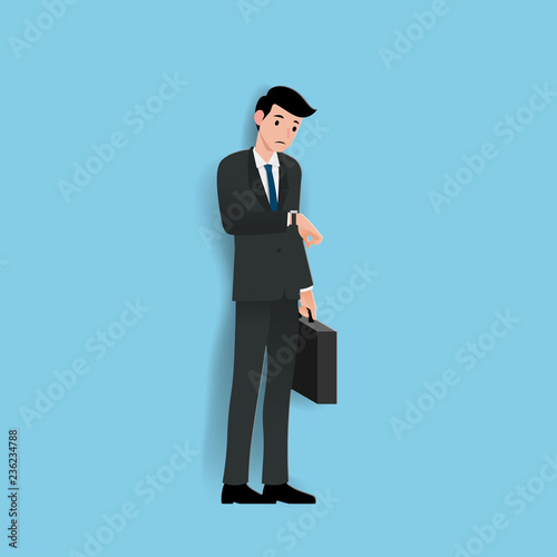 Businessman look at his watch to check the time and waiting for co-worker or his dealer about minute to hour. Vector illustration design.
