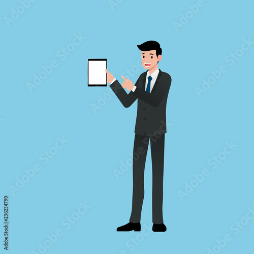 Businessman holding digital black tablet, professional presenting his project, isolated vector design.