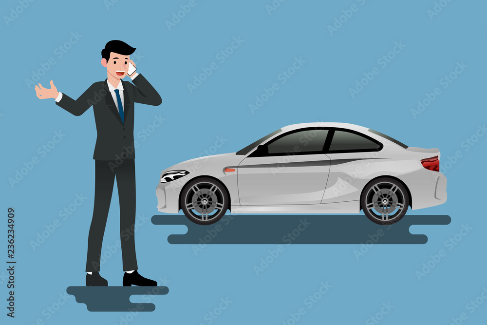 A calm businessman is calling to insurance company for help about his broken car parked on the roadside.Vector illustration design. A calm businessman is calling to insurance company for help about his broken car parked on the roadside.Vector illustration design.