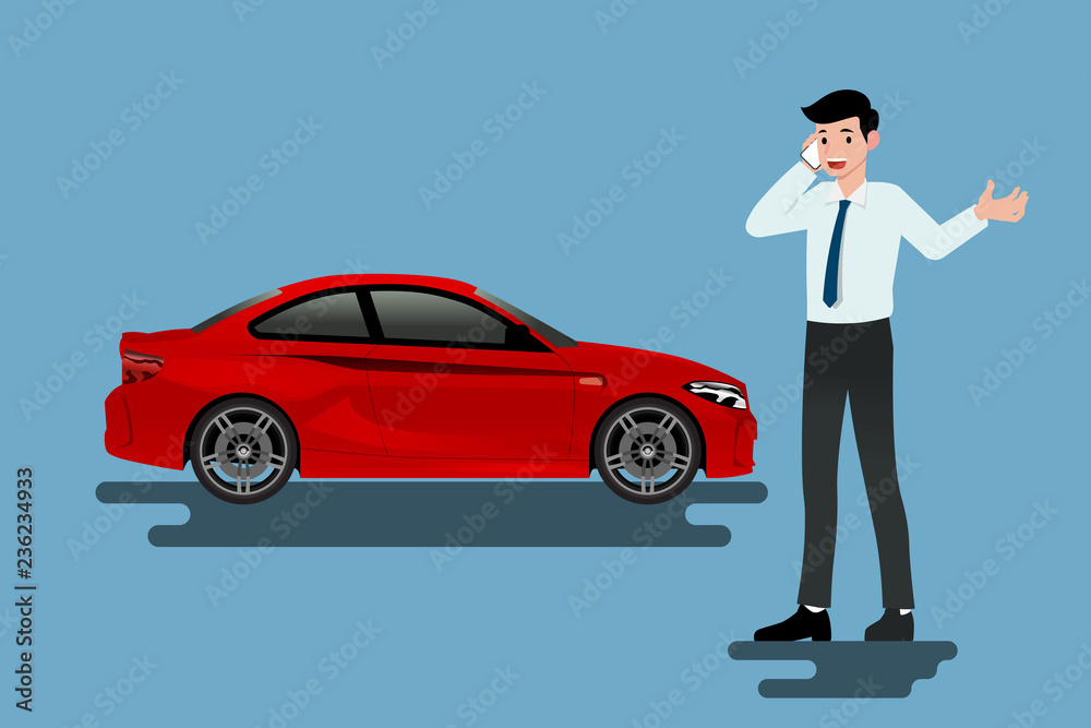 A calm businessman is calling to insurance company for help about his broken car parked on the roadside.Vector illustration design. A calm businessman is calling to insurance company for help about his broken car parked on the roadside.Vector illustration design.