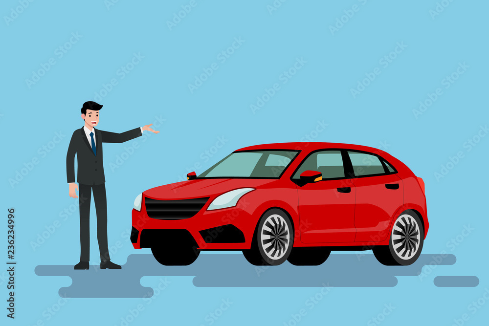 A happy businessman is standing and present his red car that parked on the street.Vector illustration design. A happy businessman is standing and present his red car that parked on the street.Vector illustration design.