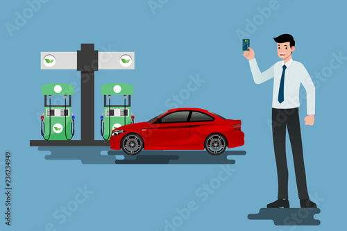 Happy businessmen use his credit card and refuel his car at a clean and eco-gas station.Vector illustration design.