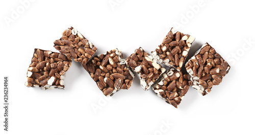 Chocolate with rice bars isolated on white background, top view