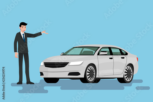 A happy businessman is standing and present  his car that parked on the street.Vector illustration design.