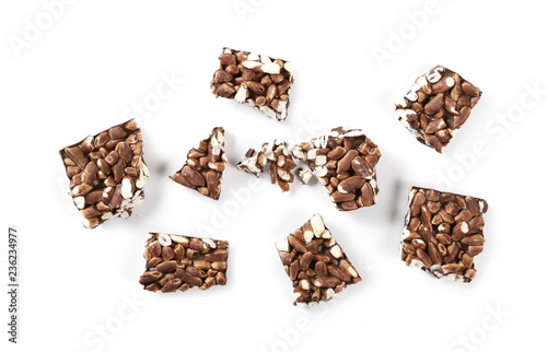 Chocolate with rice bars isolated on white background, top view