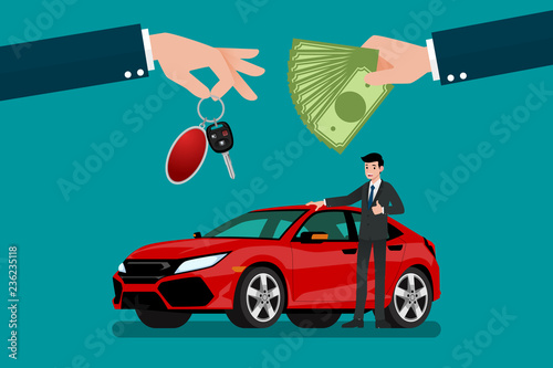 The car dealer's hand make an exchange between the car and the customer's money. Vector illustration design.