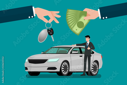 The car dealer's hand make an exchange between the car and the customer's money. Vector illustration design.