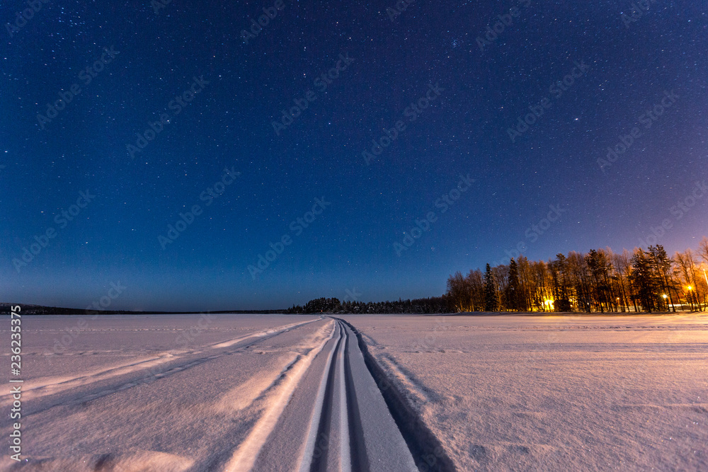 ski track under the stars in Lapland, Finland