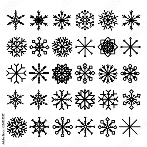Snowflake icons. Cute snowflakes collection isolated on white background. Flat snow icons, silhouette. Nice element for Christmas banner, cards. New year ornament.