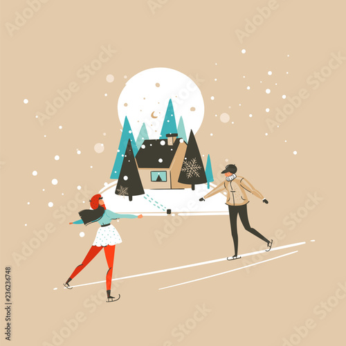 Hand drawn vector abstract fun Merry Christmas and Happy New Year time cartoon illustration greeting card with xmas ice skete boy and girl isolated on craft background