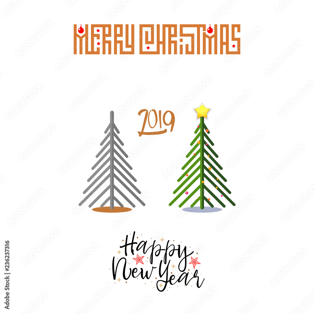 The concept of Christmas trees modern flat style with decorations and without toys. Merry Christmas and Happy New Year