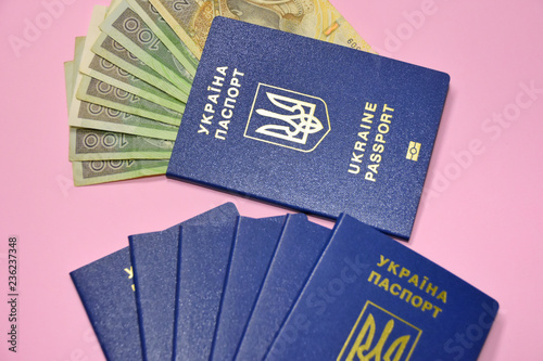 Fotografie Ukraine passports with golden letters and trident emblem on pink blurred background