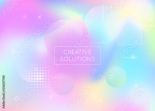 Dynamic shape background with liquid fluid. Holographic bauhaus gradient with memphis elements. Graphic template for brochure, banner, wallpaper, mobile screen. Retro dynamic shape background.