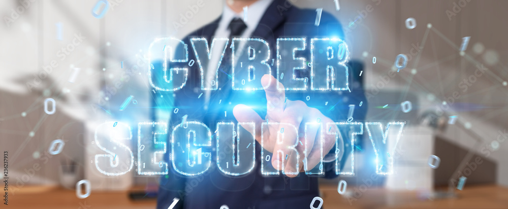 Businessman using cyber security text hologram 3D rendering Businessman using cyber security text hologram 3D rendering