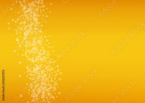 Beer background. Craft lager splash. Oktoberfest foam. pub menu template. Pour pint of ale with realistic white bubbles. Cool liquid drink for Golden mug with beer background.