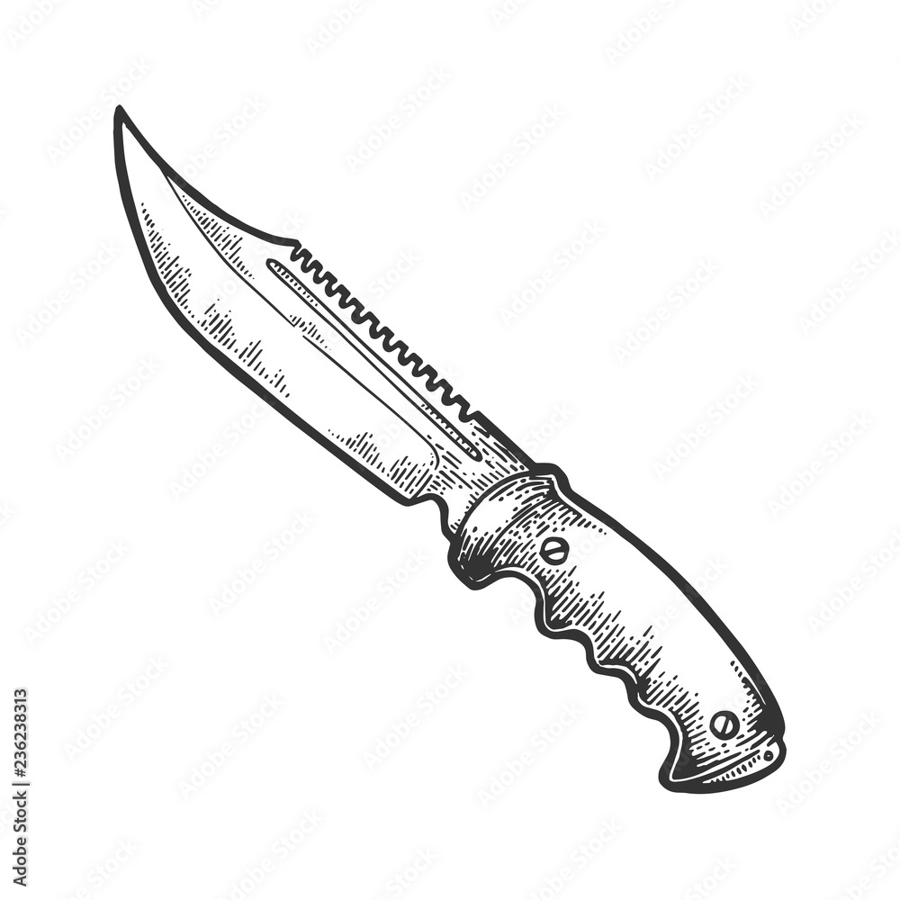 Hunting knife blade engraving vector illustration. Scratch board style