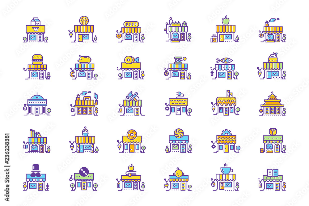 Big City Shop and Store Building color line icon set. Vector illustration, flat style.