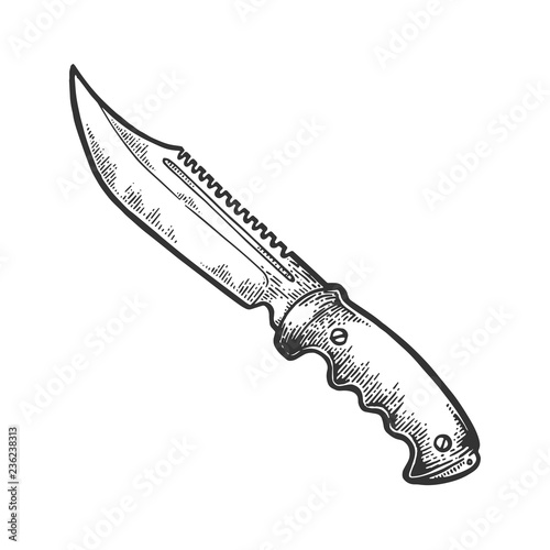 Hunting knife blade engraving vector illustration. Scratch board style imitation. Black and white hand drawn image.