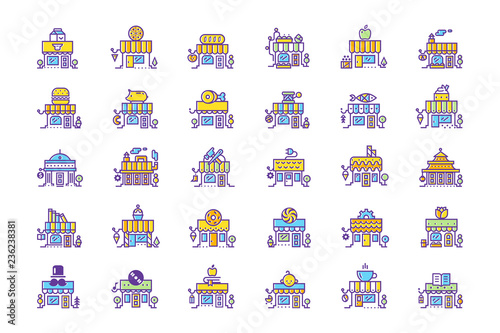 Fototapeta Naklejka Na Ścianę i Meble -  Big City Shop and Store Building color line icon set. Vector illustration, flat style.