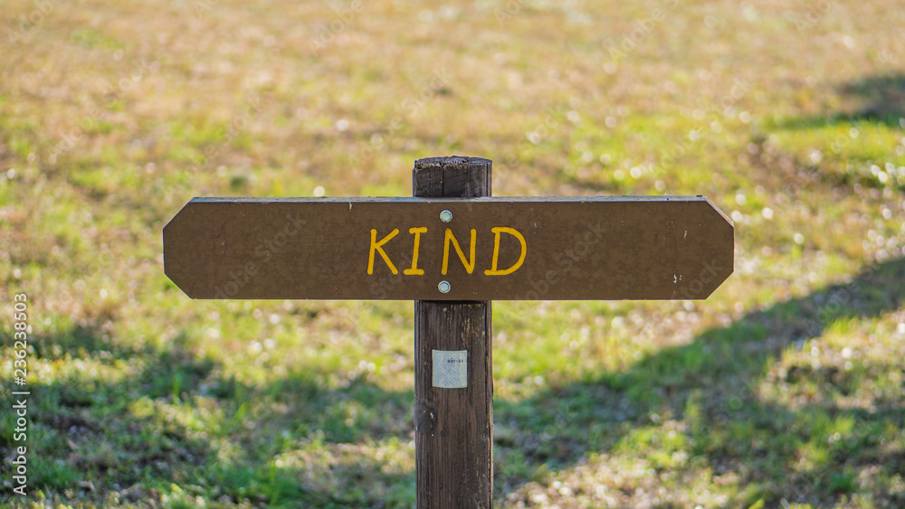 Brown wooden sign in grassy field with kind written on it