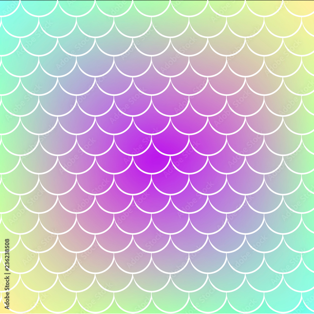 Mermaid scale on trendy gradient background. Square backdrop with mermaid scale ornament. Bright color transitions. Fish tail banner and invitation. Underwater and sea pattern. Rainbow colors.