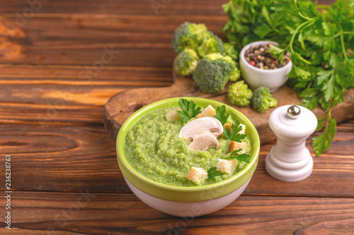Fresh tasty pureed broccoli soup with vegetables. Healthy food