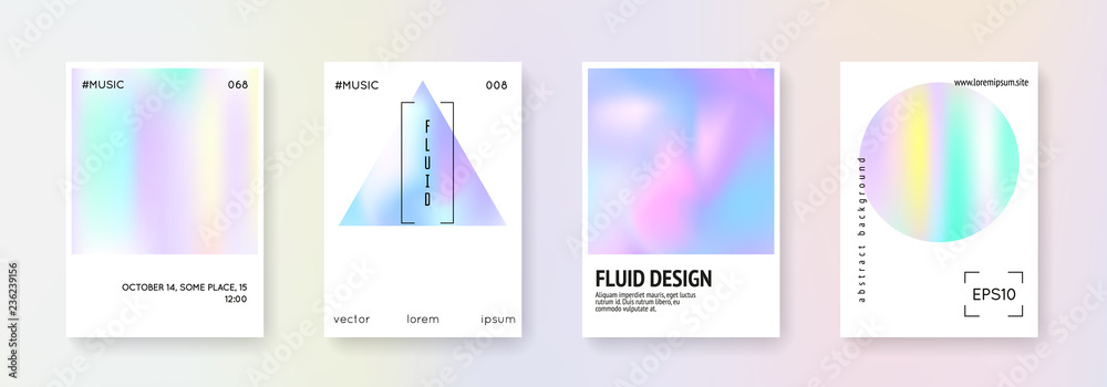 Cover fluid set. Abstract backgrounds. Stylish cover fluid with gradient mesh. 90s, 80s retro style. Iridescent graphic template for brochure, banner, wallpaper, mobile screen