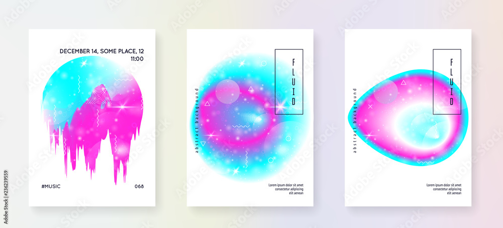Universe flyer. 3d magic dreamer unicorn sparkles. Holographic gradients. Neon science template set with planets, sun, deep fluid light. Universe flyer with galaxy shapes and star dust.