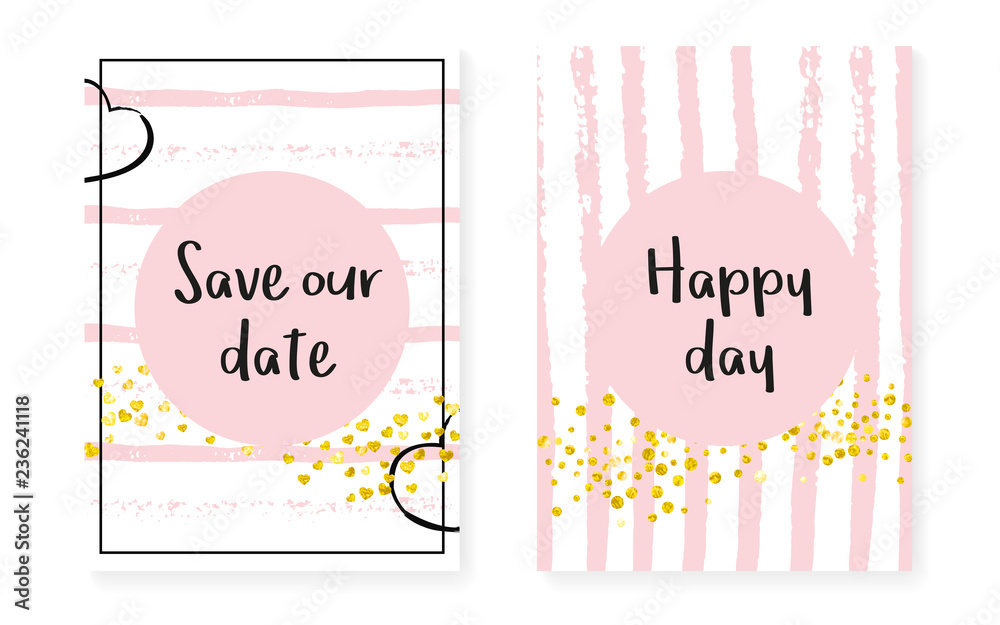 Gold glitter dots with sequins. Wedding and bridal shower invitation cards set with confetti. Vertical stripes background. Vintage gold glitter dots for party, event, save the date flyer.