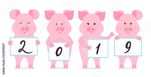 Pigs are holding signs with numbers 2019. Chinese New Year.