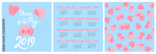 Wall Calendar for 2019 from Sunday to Saturday. Chinese New Year of the pig. Piggy nose seamless pattern. Greeting card. Hand lettering.