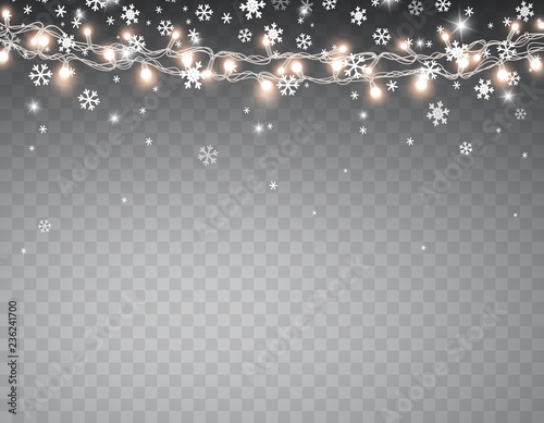 Snow with glowing Christmas lights isolated on transparent background. Vector snowfall, white snowflakes falling and Xmas garlands string.