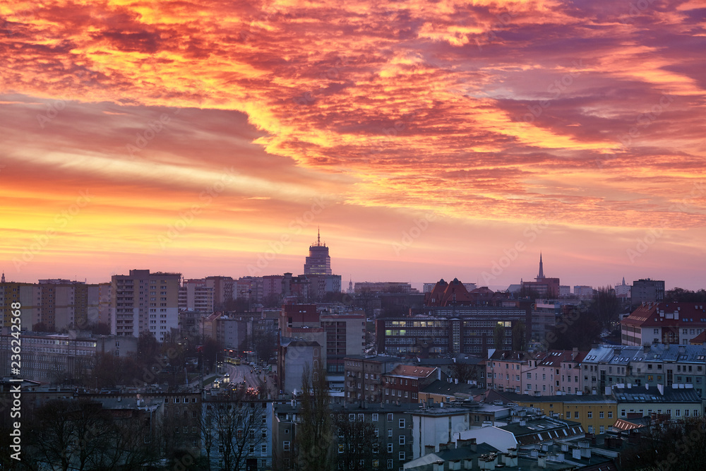 Purple sunrise over Szczecin City, Poland