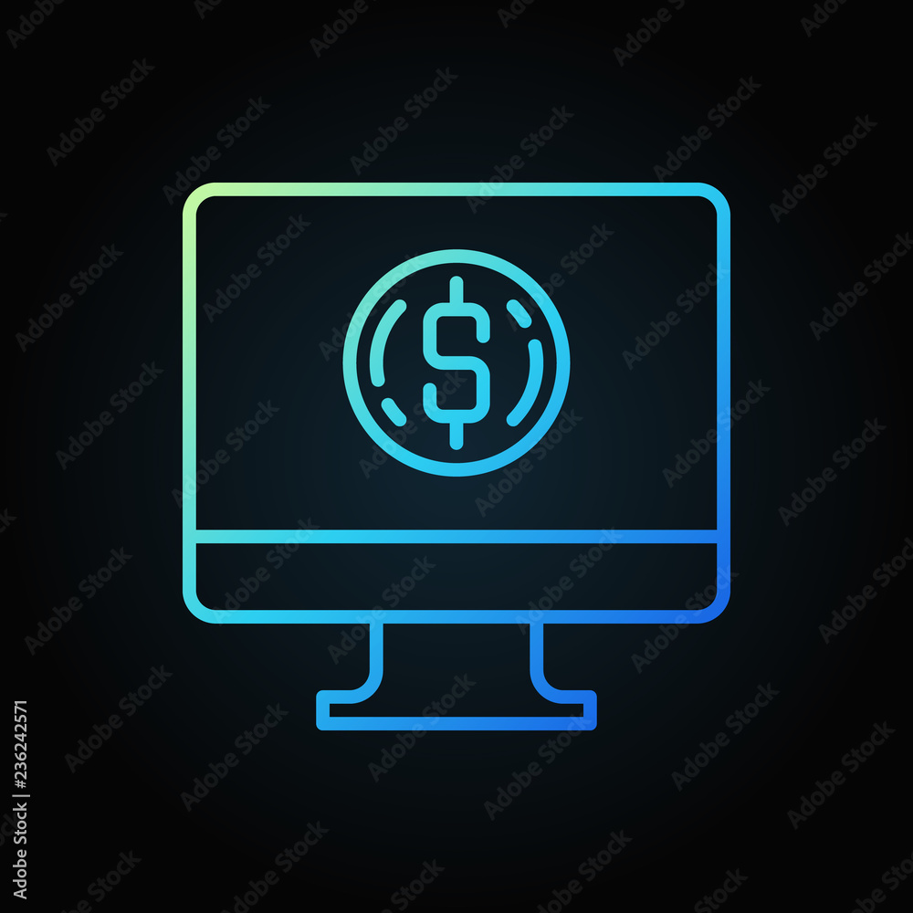 Computer with coin blue outline icon. Vector PC money donation colored linear sign on dark background Computer with coin blue outline icon. Vector PC money donation colored linear sign on dark background