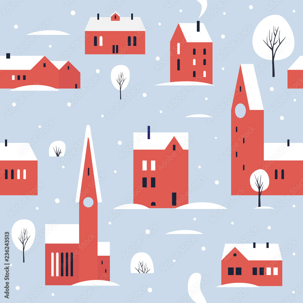 Urban winter landscape with red various buildings, towers in the snow. Small northern cute town. Seamless pattern for winter, new year and christmas theme. Vector colorful illustration.