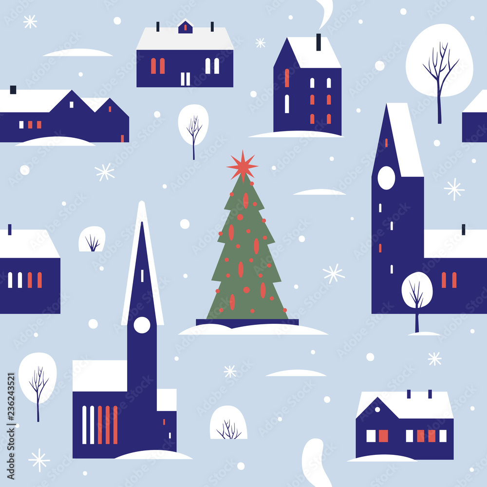 Seamless pattern for winter, new year and christmas theme. Small cute town, decorated for the New Year holidays in the snow. Christmas picture. Vector flat cartoon illustration.