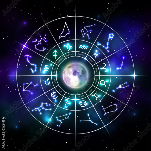 Zodiac circle with astrology symbols with realistic moon. Representation of star signs for astrology horoscope. Zodiac calendar on universe backdrop. Astrology constellation vector illustration