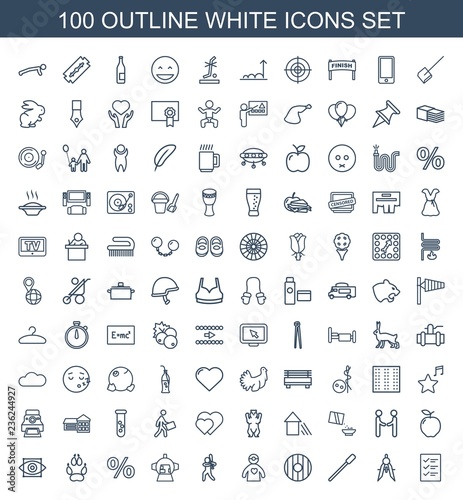 white icons. Set of 100 outline white icons included checklist, compass, nailfile, shield, doctor with medical reflector on white background. Editable white icons for web, mobile and infographics.
