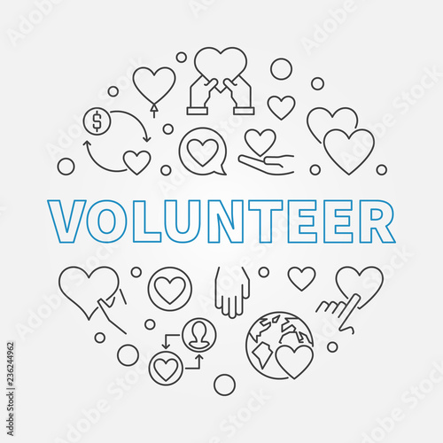 Volunteer round vector outline illustration. Charity and volunteering concept symbol in thin line style