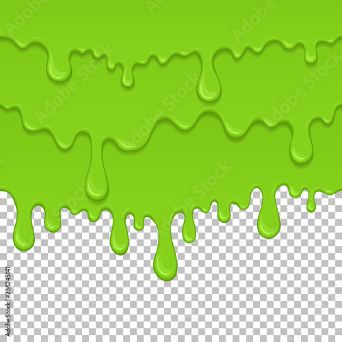 Green sticky liquid seamless element. Realistic dripping slime isolated object. Background with oozing zombie slime. Popular kids sensory game. Paint drips and flowing repeatable vector illustration.