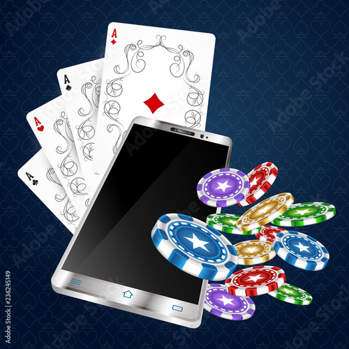 Playing cards with chips and smartphone. Design for online casinos