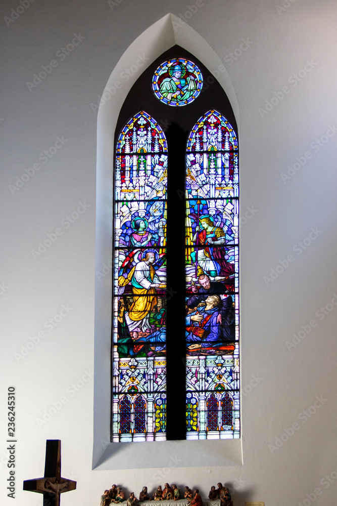 Munster. Les vitraux de l'église catholique Saint Léger . Alsace. Haut-Rhin. Grand Est	