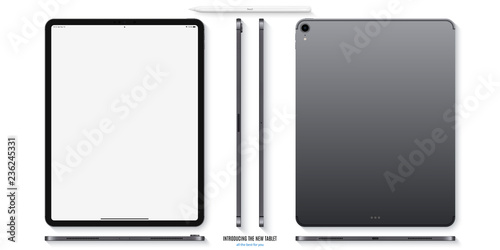 tablet mockup in grey color with blank screen front, back and side on white background. stock vector illustration eps10