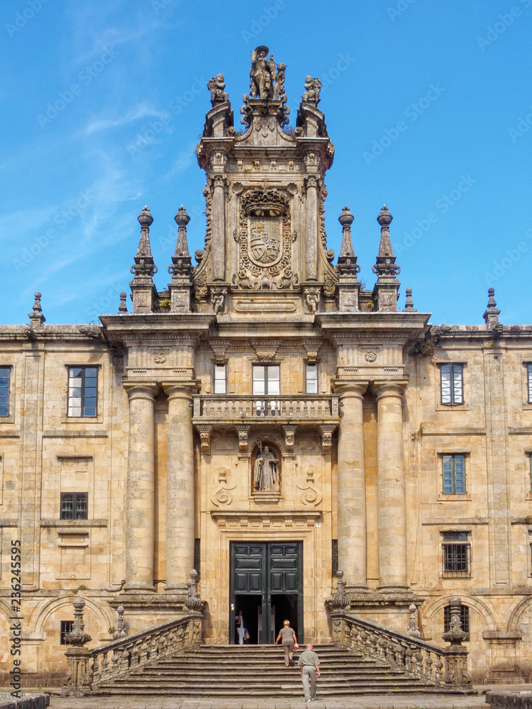 The Baroque facade and doorway of Monastery of San Martino Pinario - Santiago de Compostela, Galicia, Spain