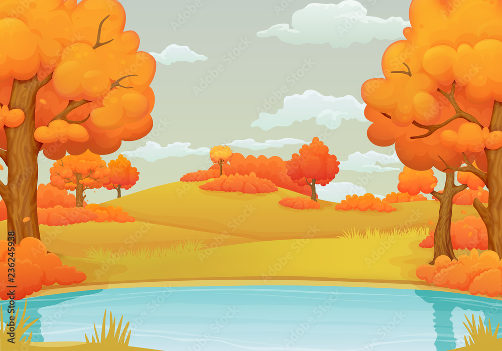 Autumn day background. Lake or river with orange bushes and trees with falling leaves. Withered hills and meadows in the background.