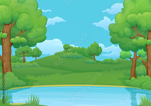 Summer, spring day background. Lake or river with lush green trees and bushes.