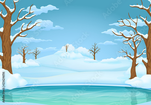 Winter day background. Frozen lake or river with snow covered leafless trees and bushes. Snowy hills and meadows in the background.