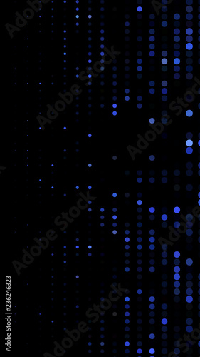 Glowing particles, polka dots on a dark blue background. Vertical festive banner. An elegant holiday pattern. Vector illustration